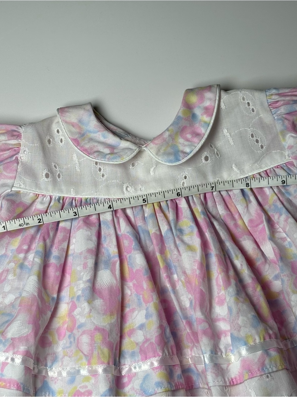 Vintage 80s 90s Pastel Floral Watercolor Eyelet Lace Pinafore Dress 0-3M - Picture 7 of 8